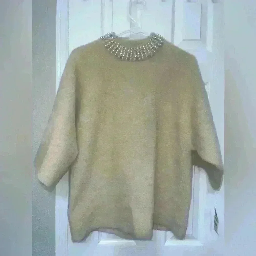 Alfani Womens Faux Fur Embellished Mock Turtleneck Sweater Tan M/cocoa butter - Picture 3 of 8